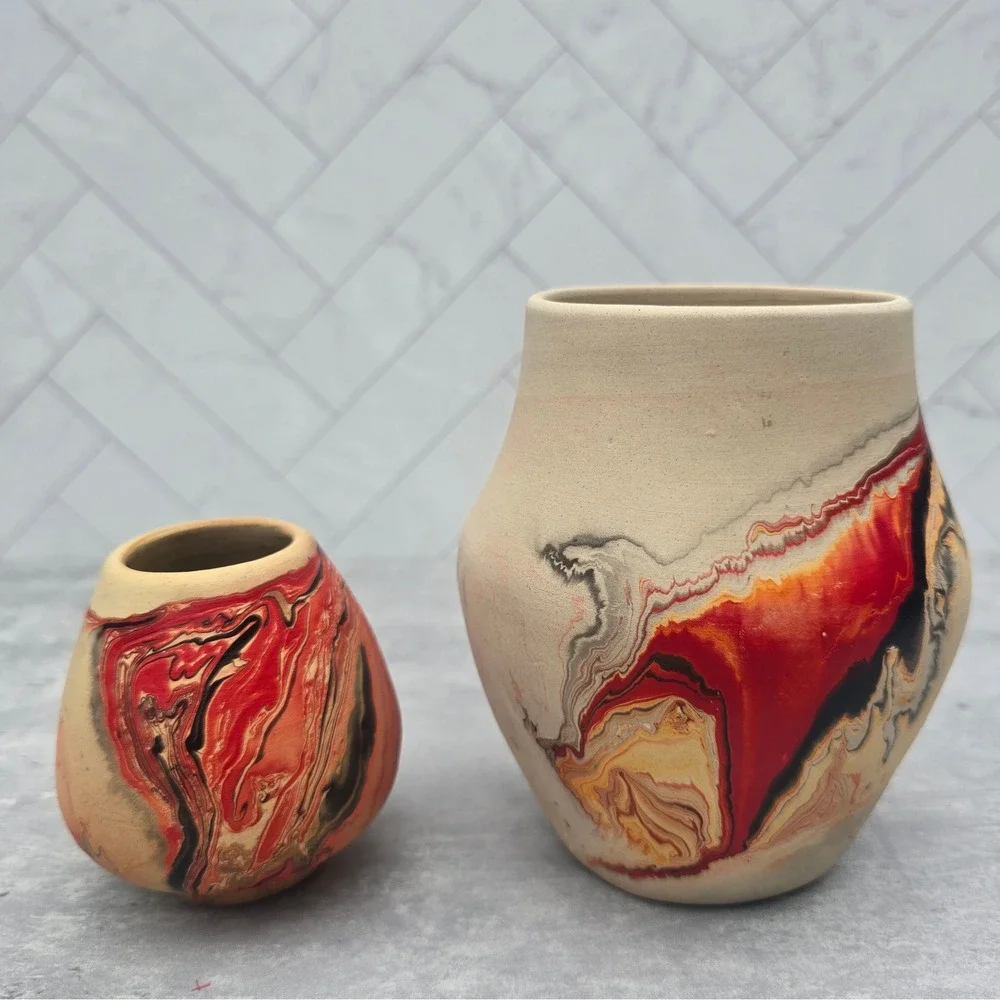 Nemadji Native American Clay Pottery Marbled Swirl Vases Set of 2 Red Orange Tan